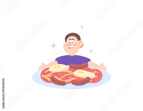 a content creator and blogger happy because they have a lot of food. a Vlogger who creates content. eat big portions, mukbang. a man with a plate of noodles, eggs, sausages. illustration concept