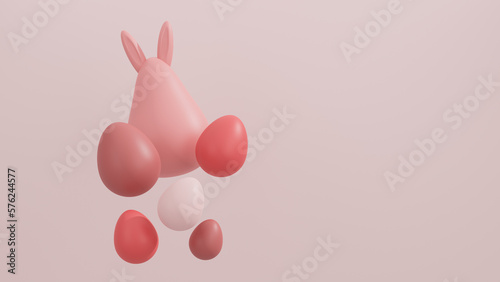 Easter poster and banner template, copy space of bunny statue and easter egg hunt on pink pastel background. 3d rendering