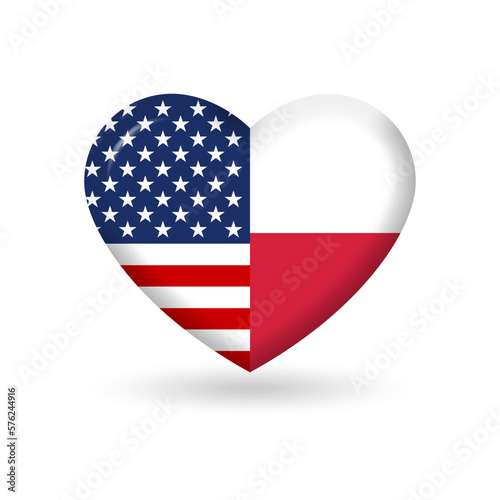 USA and Poland heart flags. 3d icon. Round American and Polish national symbols. Vector illustration.