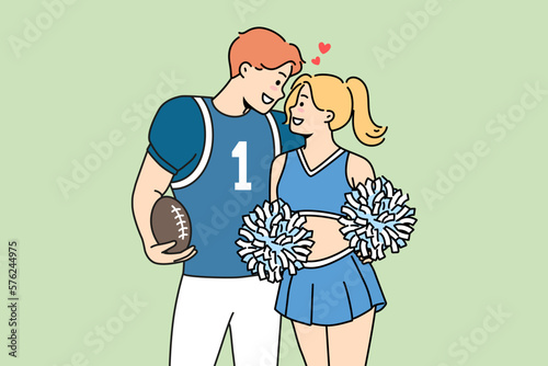 Smiling teen couple in sport uniform hugging. Happy guy American football player and girl cheerleader embrace. Love and relationships. Vector illustration. 