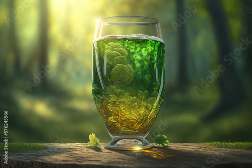 Refreshing three glass of green beer outdoor in the wood, sunlight, St Patrick's Day , Irish Traditions. AI Generative