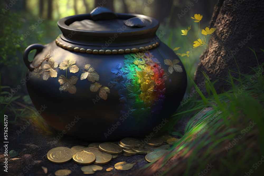 A pot of shiny gold coins in a mystical green forest with rainbow light, St Patrick's Day , Irish Traditions. AI Generative A pot of shiny gold coins in a mystical green forest with rainbow light, St Patrick's Day , Irish Traditions. AI Generative