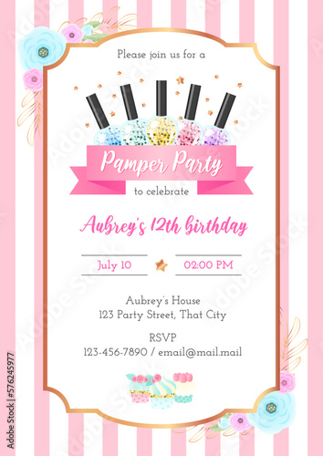 Pamper birthday party invitation template. Beautiful pink striped background with golden frame, flowers and sparkling nail polish bottles. Vector illustration 10 EPS.