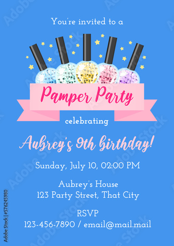 Pamper birthday party invitation template. Cartoon illustration of five sparkling colorful nail polish bottles. Vector 10 EPS.
