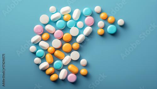 3d render of a group of pills and capsules in different colors with space for text