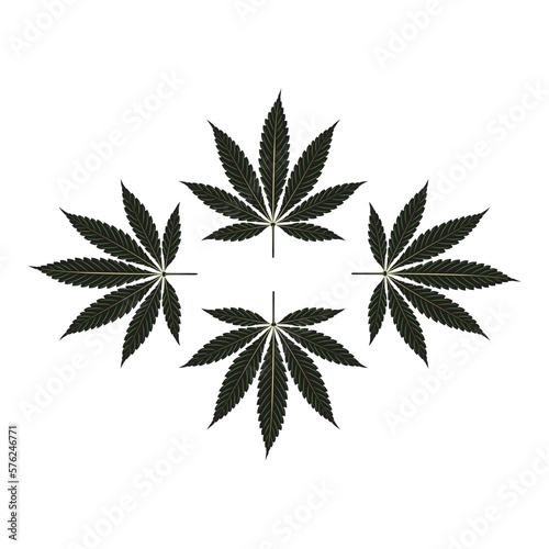 Vector illustration of cannabis leaf silhouette. Marijuana leaf cigarette icon, isolated white background.