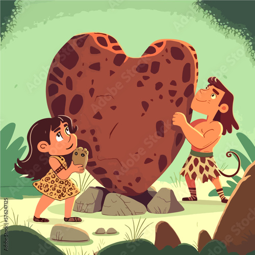 Valentine's Day in the primitive era. A man in the Stone Age, dressed in a mammoth skin, gives his beloved a large stone heart. This heart he pushes and rolls on the ground He sets it up as a sculptur photo