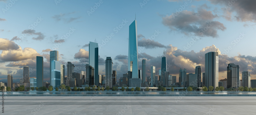 3D Modern city with a beautiful view and empty floor in front