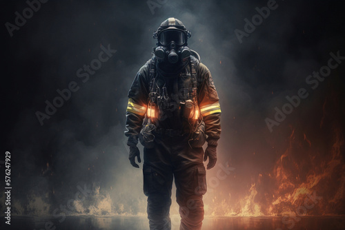 Firefighter with protection equipment and flames on the background, illustration generative ai