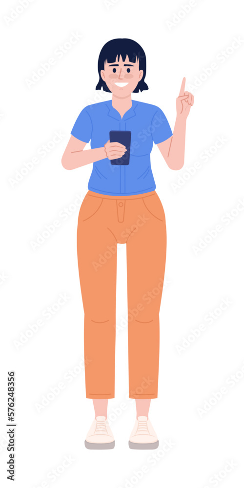 Smiling woman with phone raising finger up semi flat color vector character. Editable figure. Full body person on white. Simple cartoon style spot illustration for web graphic design and animation Smiling woman with phone raising finger up semi flat color vector character. Editable figure. Full body person on white. Simple cartoon style spot illustration for web graphic design and animation