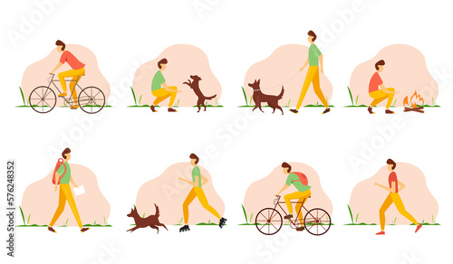 Young man doing different outdoor activities in spring. illustration on a white isolated background.