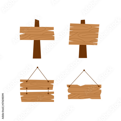 Fototapeta Naklejka Na Ścianę i Meble -  Hanging wooden board set. Insulated wooden board or nameplate. Mark for messages or pointer with arrows for path finding.