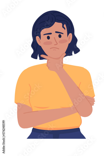 Young woman feeling uncertain about future semi flat color vector character. Editable figure. Half body person on white. Simple cartoon style spot illustration for web graphic design and animation
