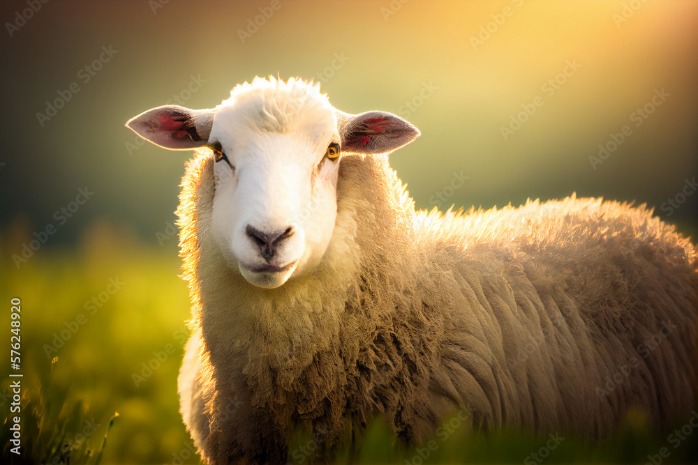 Portrait of a sheep in the pasture. AI generated