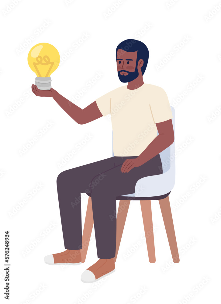 Bearded man on chair holding light bulb semi flat color vector character. Editable concept. Full body person on white. Simple cartoon style spot illustration for web graphic design and animation Bearded man on chair holding light bulb semi flat color vector character. Editable concept. Full body person on white. Simple cartoon style spot illustration for web graphic design and animation
