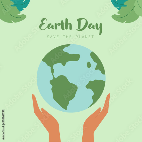 Happy earth day. Hands hold the earth and globes. Hands protect the earth. Earth Day. Vector illustration in flat style.