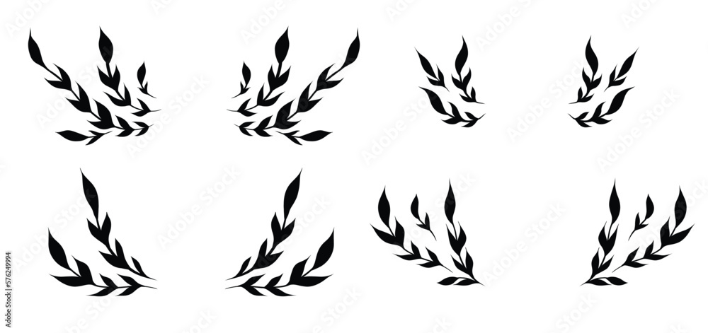 Vector set of monochrome wreaths from branches with foliage and copy space. Collection of black frames with twigs and stems. Vector set of monochrome wreaths from branches with foliage and copy space. Collection of black frames with twigs and stems.