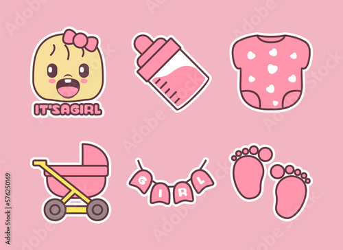its a girl baby stickers icon vector collection
