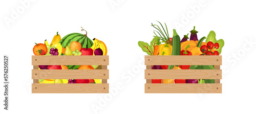 Wooden boxs with fresh vegetables and fruits