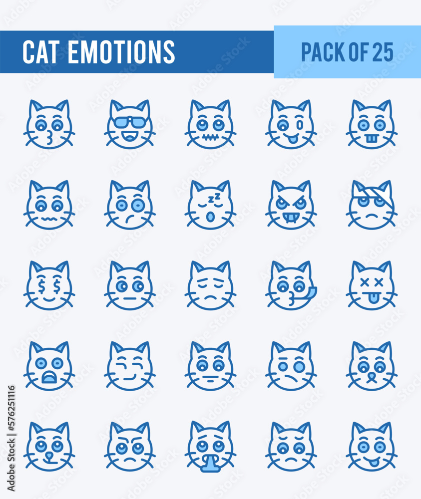 Fototapeta premium 25 Cat Emotions. Two Color icons Pack. vector illustration.