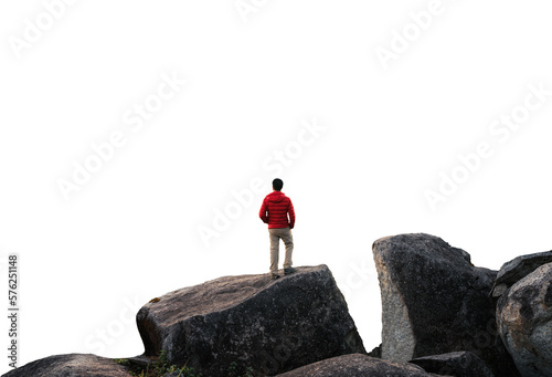 Hiker man standing on top of mountain on blank background