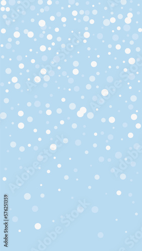 Falling snowflakes christmas background. Subtle flying snow flakes and stars on light blue winter backdrop. Beautifully falling snowflakes overlay. Vertical vector illustration.