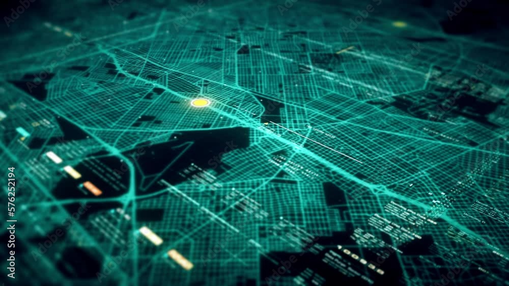 Futuristic motion graphic user interface head up display screen with digital data city map telemetry information display for digital background computer desktop display screen