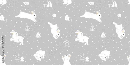 Childish seamless pattern with cute white rabbit, trees and snow on grey background in vector for surface-design, wallpaper, paper, textile