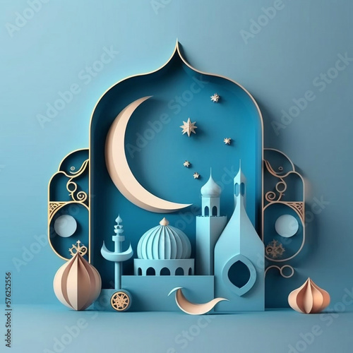 Minimalist Ramadan Kareem Decoration: A 3D Rendered Illustration with Generative AI