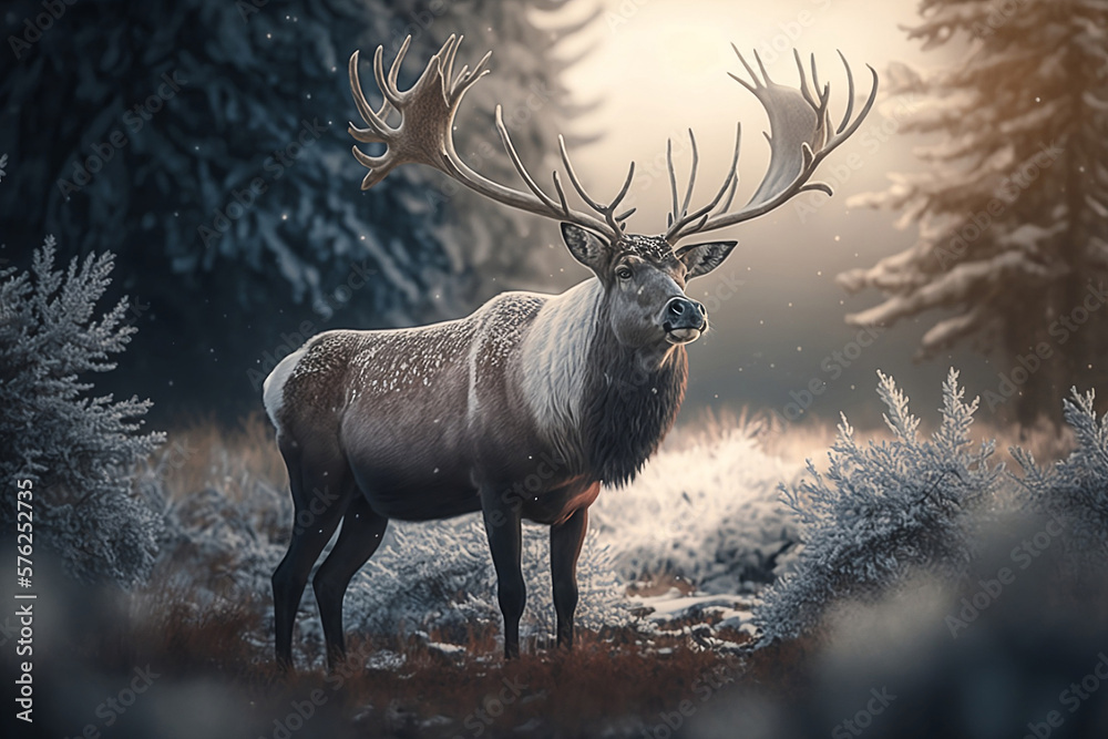 Beautiful reindeer standing in a clearing of a dark snowy forest, glacial, soft backlight. Happy Christmas deer. Generative AI. Beautiful reindeer standing in a clearing of a dark snowy forest, glacial, soft backlight. Happy Christmas deer. Generative AI.