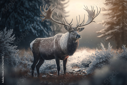 Beautiful reindeer standing in a clearing of a dark snowy forest, glacial, soft backlight. Happy Christmas deer. Generative AI. © hugo