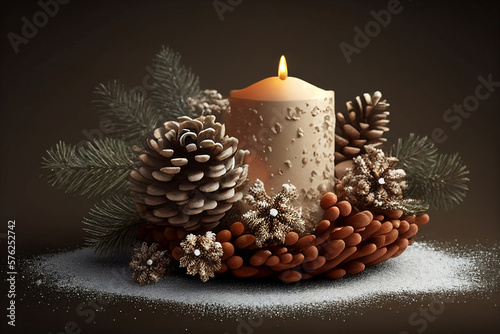 Beige snow Christmas composition. Burning candle and fir cones. Happy Christmas day. Generative AI.
