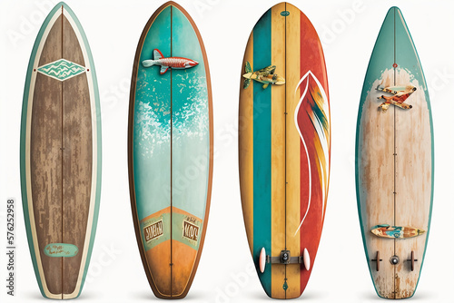 Collection of vintage wooden fishboard surfboard isolated on white with clipping path for object, retro styles. Generative AI. photo