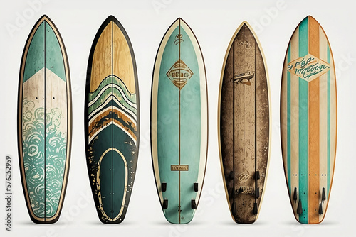 Collection of vintage wooden fishboard surfboard isolated on white with clipping path for object, retro styles. Generative AI. photo