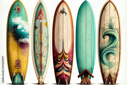 Collection of vintage wooden fishboard surfboard isolated on white with clipping path for object, retro styles. Generative AI. photo