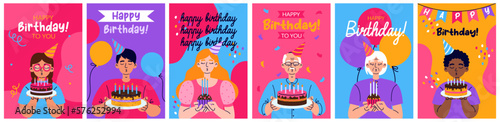 Set of Birthday greeting cards with people blow out candles on the cake or cupcake. Balloons and confetti on background. Birthday party, celebration, congratulations, invitation concept. 