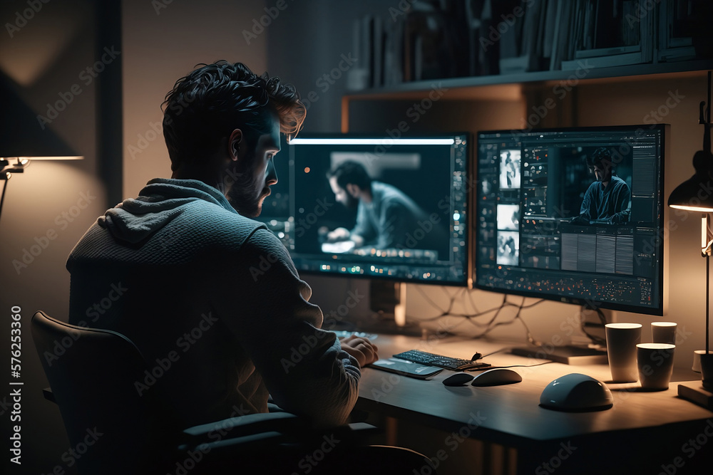 A person working in front of a computer in the office. Generative AI.