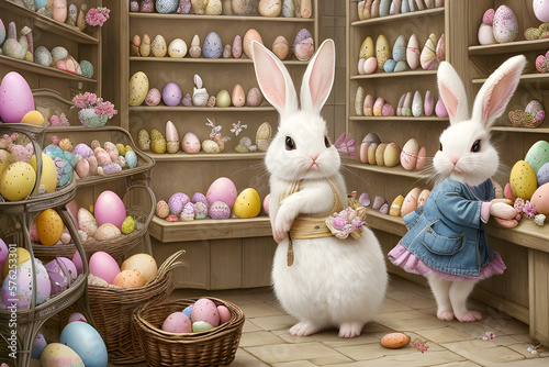 The cute rabbit and easter eggs in the easter shop , illustration. Generative AI. © nnnnae