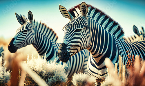 A herd of zebras grazing on grasses