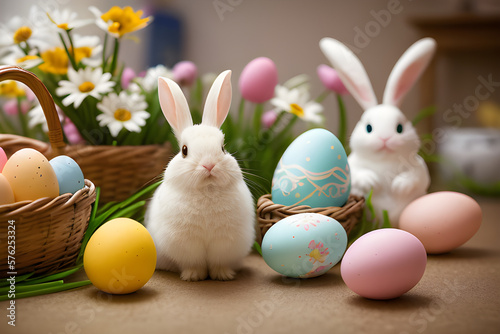 The cute rabbit and easter eggs in the easter shop , illustration. Generative AI.
