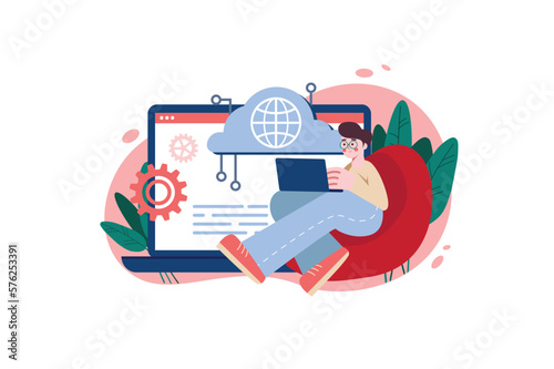 Cloud service red concept with people scene in the flat cartoon design. Guy uploads the data to cloud storage to work with later. Vector illustration.