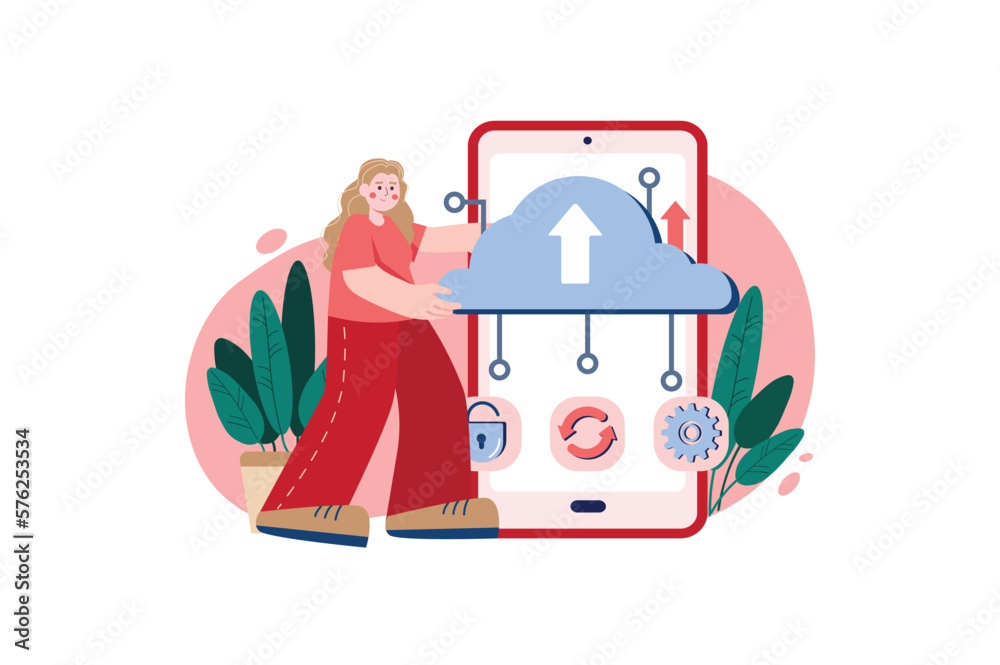 Red concept Cloud storage with people scene in the flat cartoon style. Girl uploads all the data and information to the cloud storage so as not to lose it. Vector illustration. Red concept Cloud storage with people scene in the flat cartoon style. Girl uploads all the data and information to the cloud storage so as not to lose it. Vector illustration.