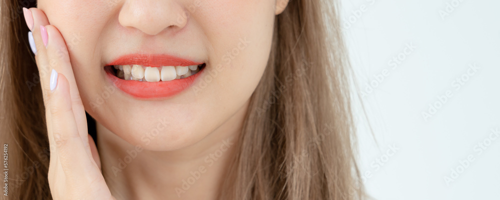Asian woman feel toothache from gingivitis, female suffer tooth, decay problems, dental care. sensitive tooth, decay problem, bad breath, Gingival Recession, Oral Hygiene instruction, tooth extraction