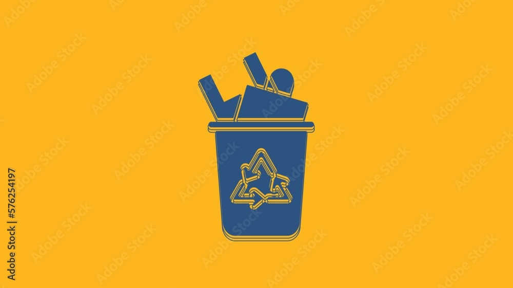 Blue Recycle bin with recycle symbol icon isolated on orange background. Trash can icon. Garbage bin sign. Recycle basket sign. 4K Video motion graphic animation Blue Recycle bin with recycle symbol icon isolated on orange background. Trash can icon. Garbage bin sign. Recycle basket sign. 4K Video motion graphic animation