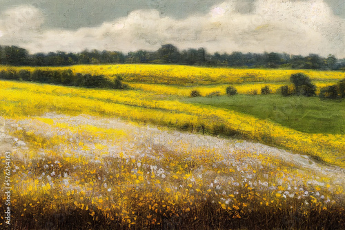 Yellow flowers field, Vintage painting ,Generative AI