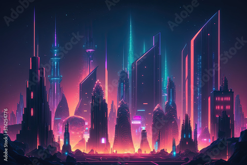 Neon light city skyline. Generative Ai