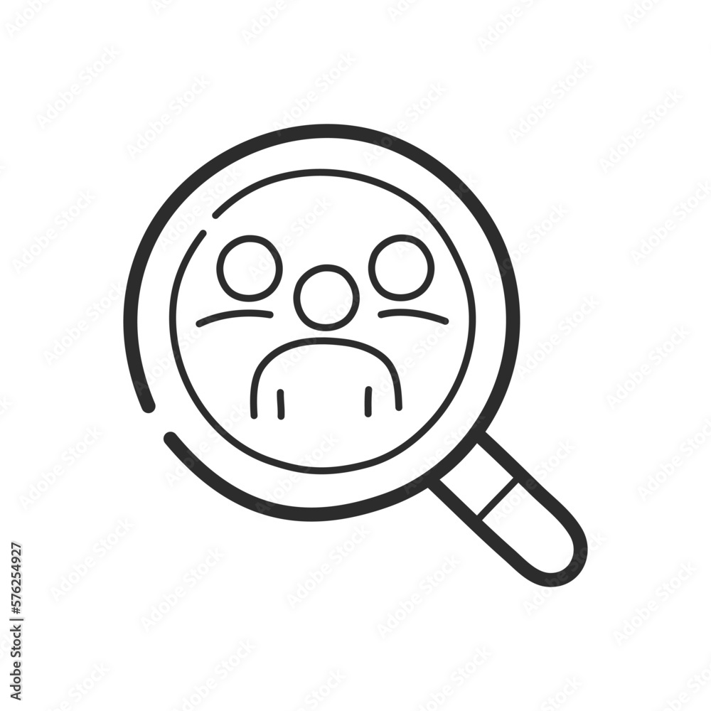Magnifying glass looking for people. Employee search concept. Hand drawing design style. Vector. Magnifying glass looking for people. Employee search concept. Hand drawing design style. Vector.