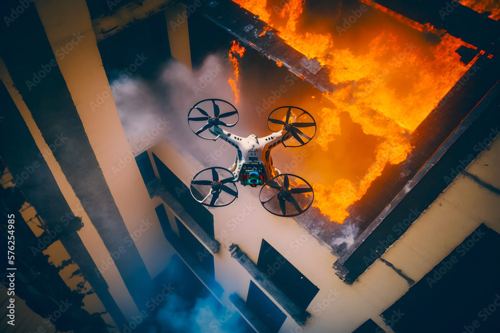 Fire fighting drone flying for extinguish a fire on a residential high ...