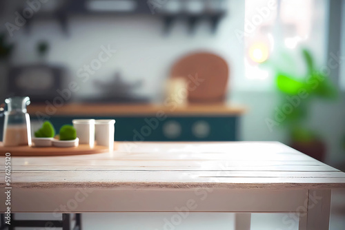 Table top and blurred kitchen as background. Generative ai design.