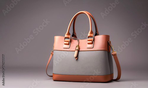 Beautiful trendy smooth youth women's handbag in brown and grey color on a gray studio background. AI generated.
